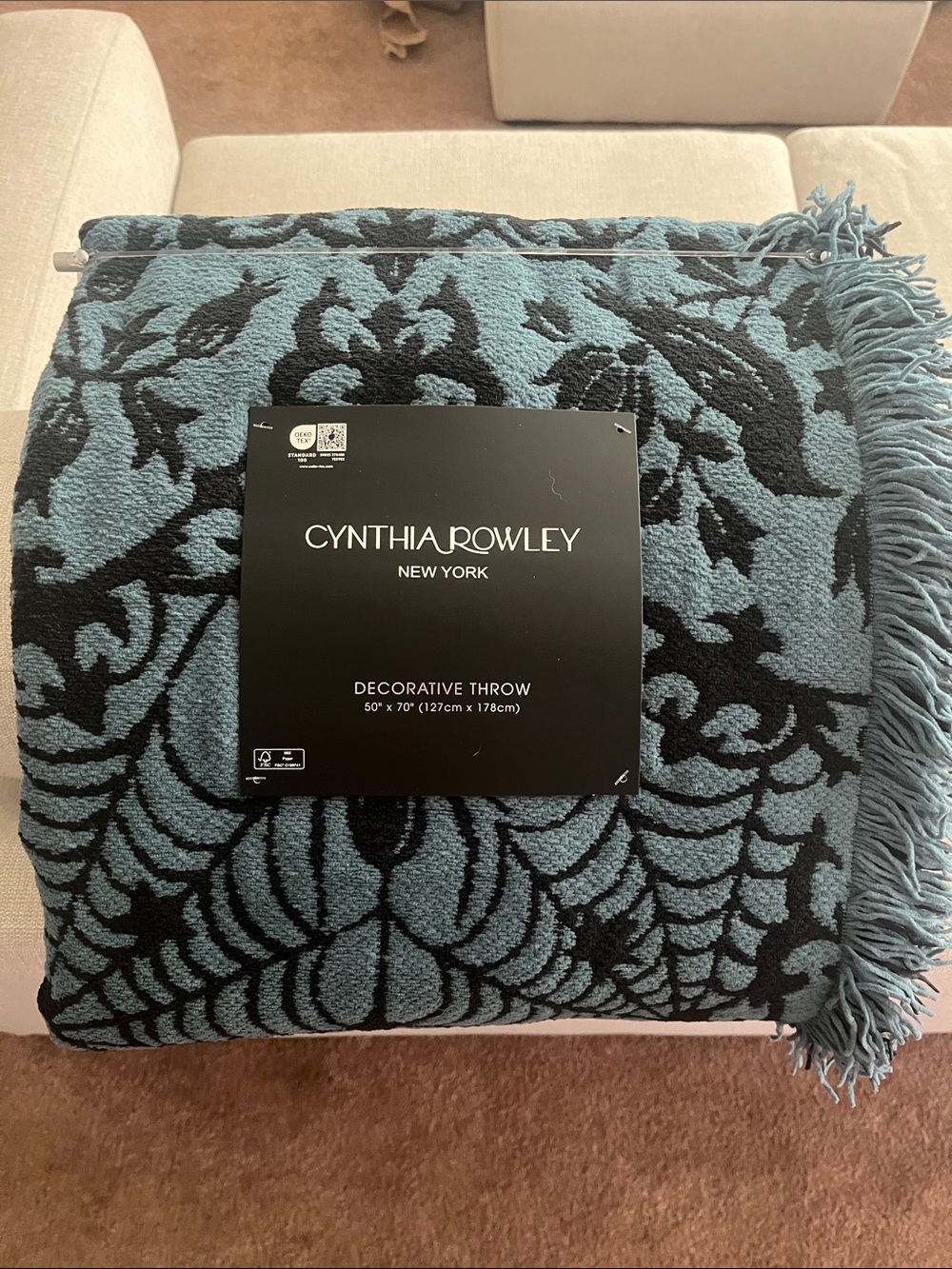 Cynthia Rowley Blue & Black Patterned Fringe Throw